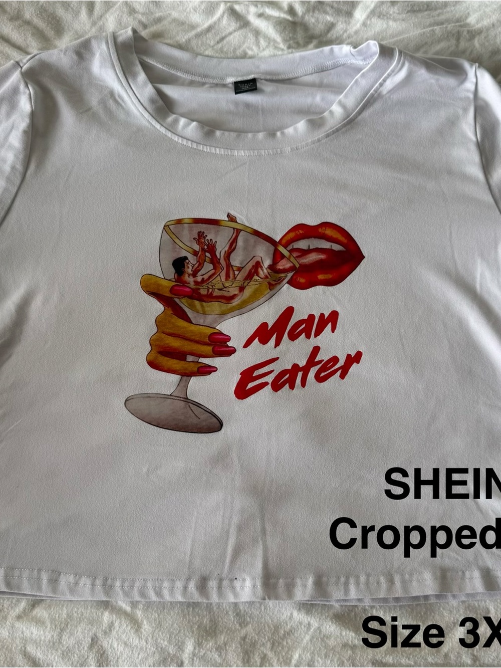 SHEIN White Crop Top with Red Graphic "Man Eater"